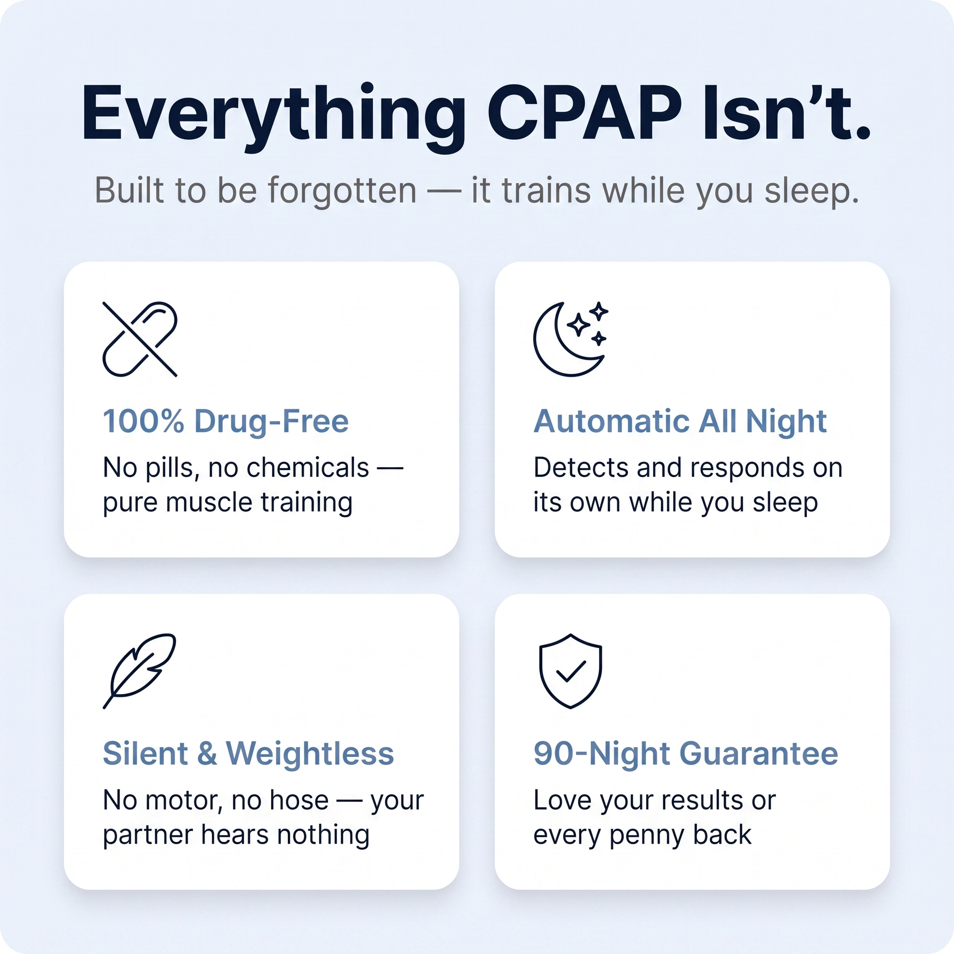 Sleepr Pro benefits - drug-free, automatic, silent, guaranteed